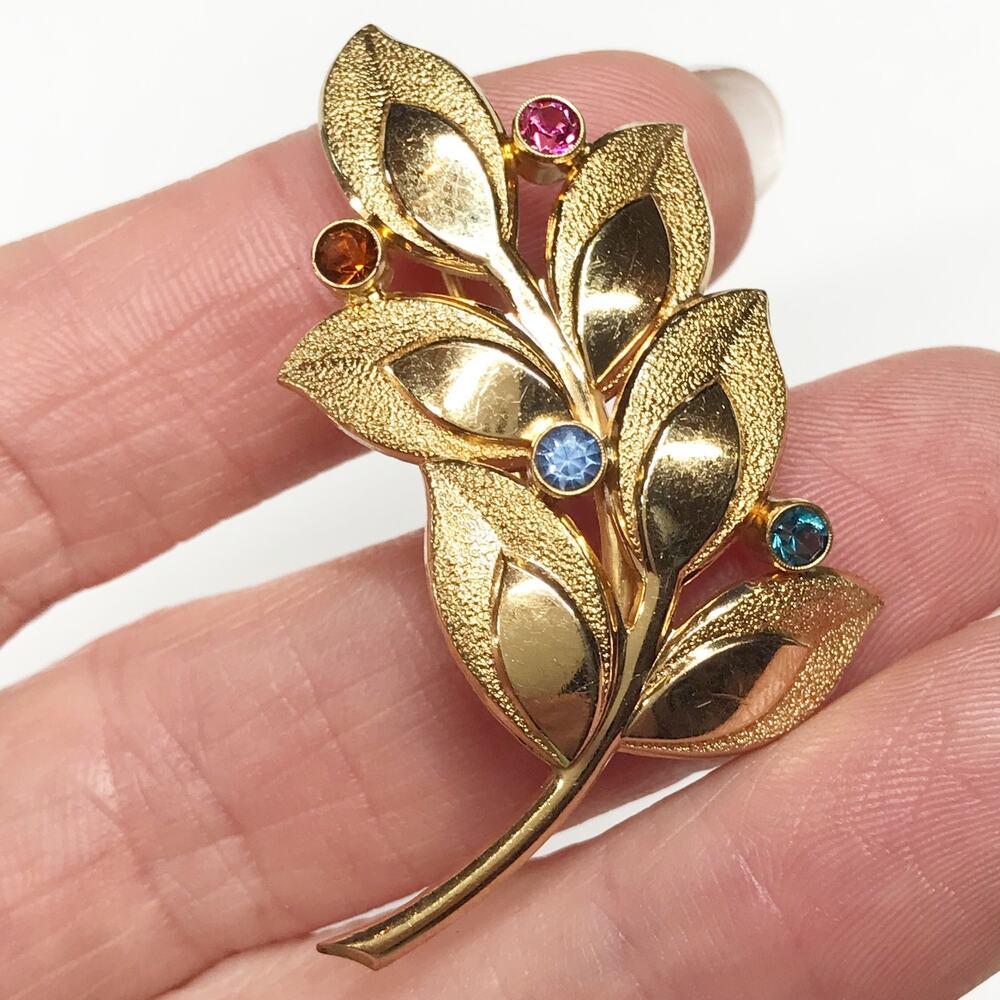 14K Gold Plate Floralia Rodi & Wienenberger Leaf Brooch Bezel Set Rhinestone